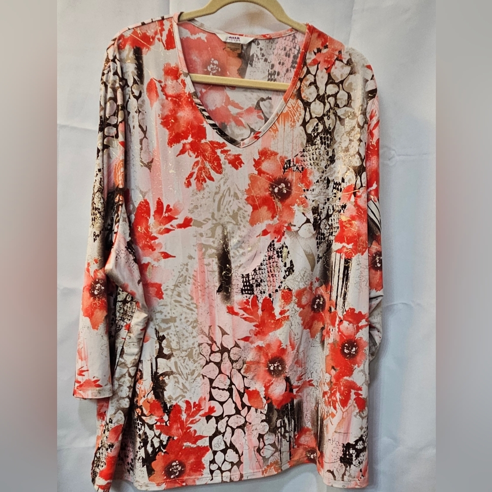 (5 pts) Hot Coral, Brown and Cream Knit V-Neck Blouse